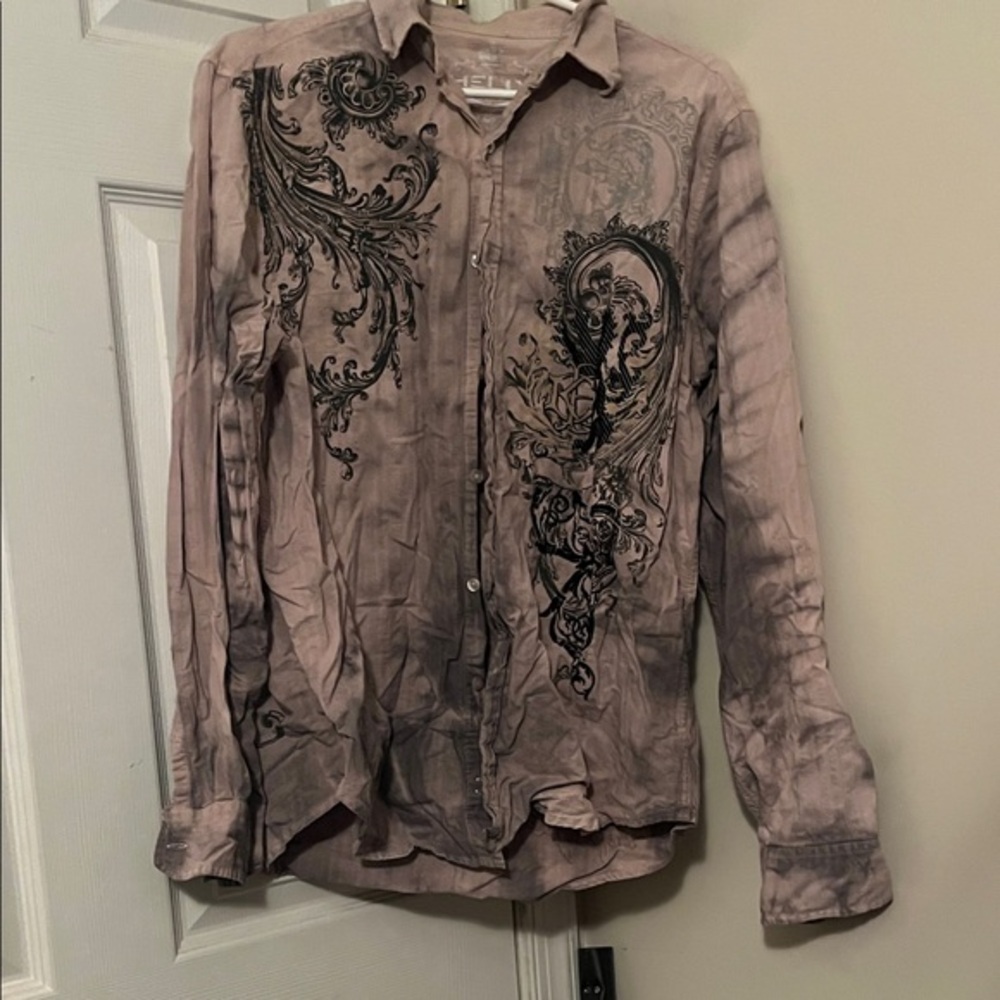 Helix Men's Casual Button Down Shirt - Gray with Black Design